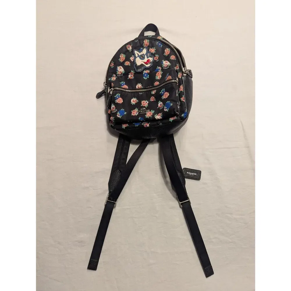 Coach Mini Charlie Backpack Tea Rose Floral Dog Patch Back Pack Purse Bag